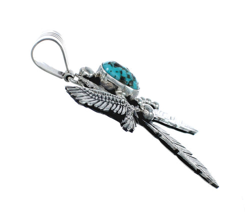 Eagle And Feathers Turquoise Sterling Silver Navajo Pendant NX11682